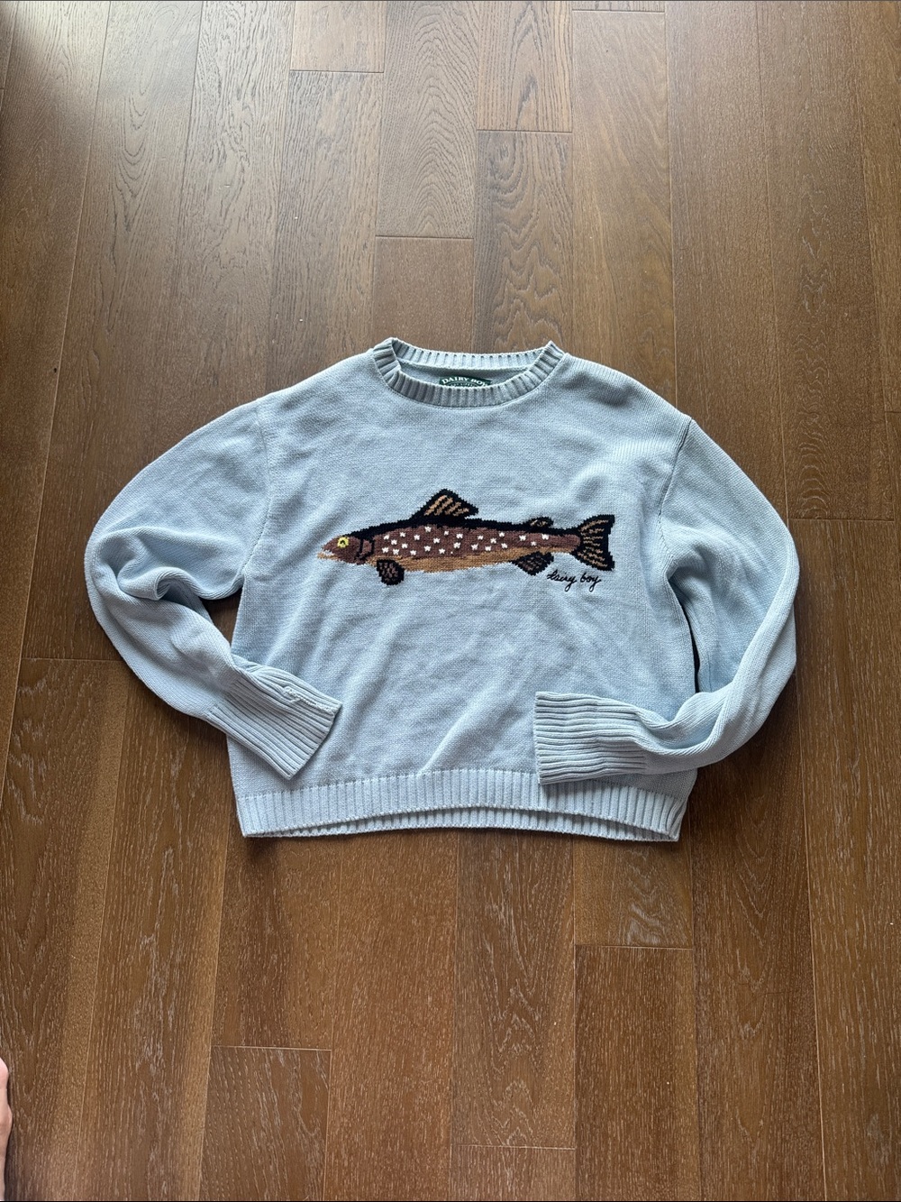 Light Blue Dairy Boy Fish Motif Crewneck Sweater - Women LIKE NEW